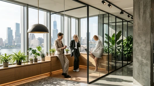 Tres profesionales conversan en una oficina moderna con paredes de vidrio, abundante vegetación y vista panorámica a la ciudad.