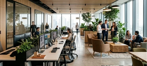 Oficina abierta y biofílica con estaciones de trabajo, áreas de reunión, abundante vegetación y profesionales colaborando en un ambiente moderno.