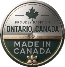 Sello circular metálico con una hoja de arce y los textos “Proudly based in Ontario, Canada” y “Made in Canada”